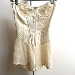 PrettyLittleThing Cream corset detail lace playsuit